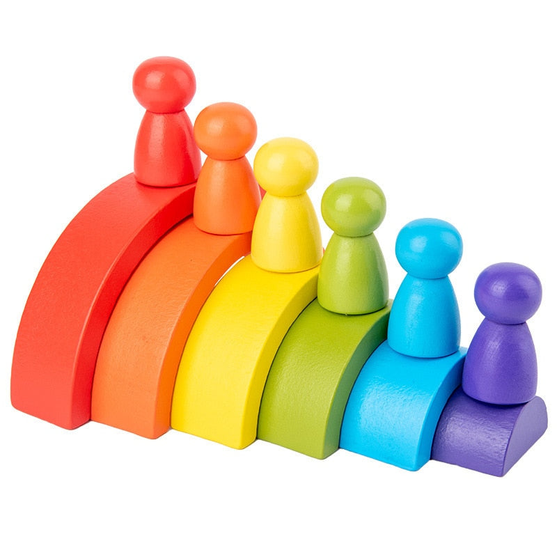 Rainbow Blocks Stacked Vertically with Dolls